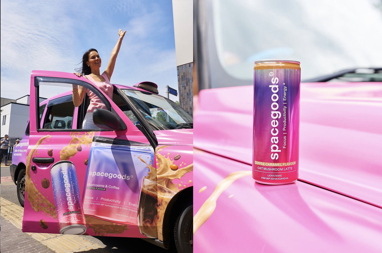 Talent posing on a pink Spacegoods branded taxi alongside a close-up of the Spacegoods can on the bonnet